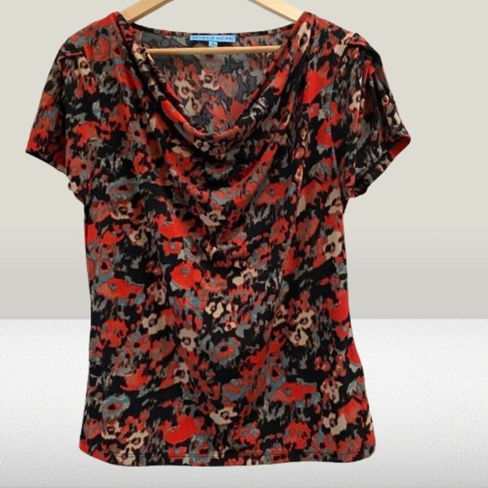 Antonio Melani Womens Floral Cowl Neck Short Sleeve Top Red Black Large